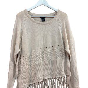 Beige Fringe Hem Knit Sweater By Central Park West - S